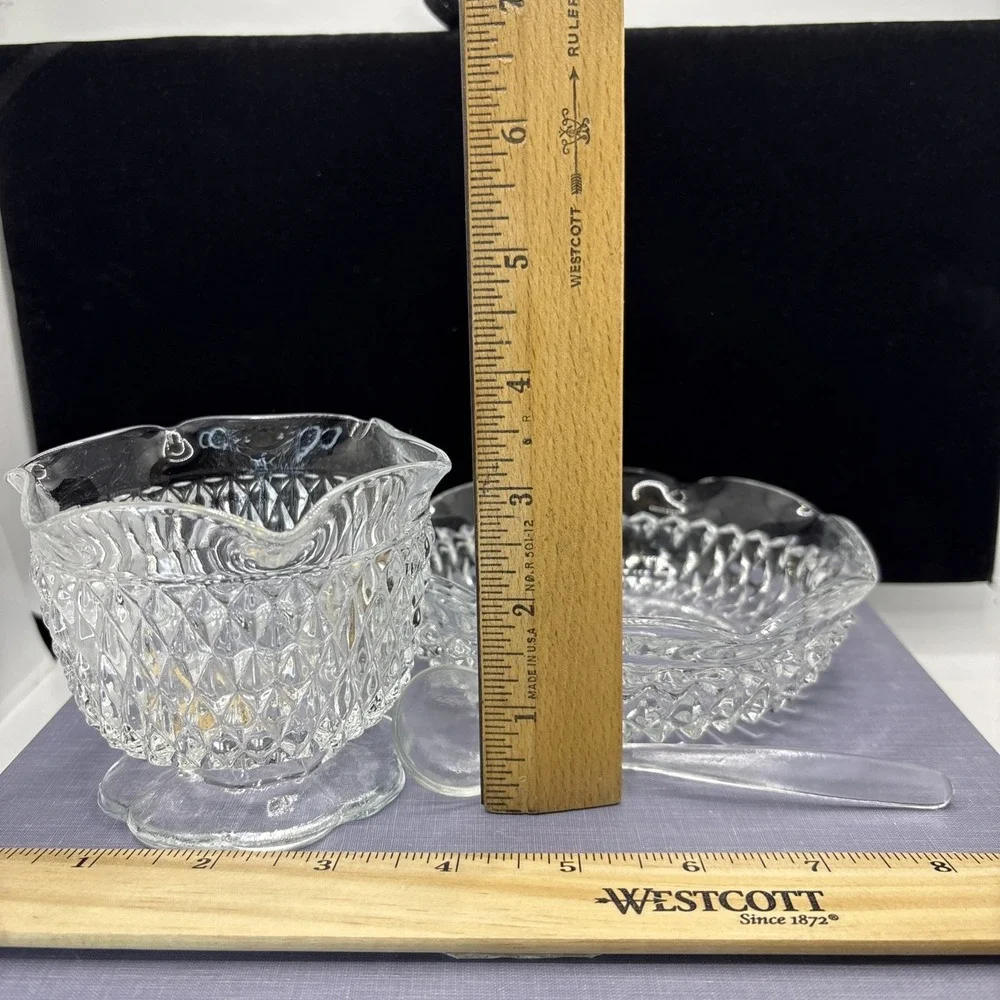 VINTAGE INDIANA GLASS‎ DIAMOND POINT 3 PC MAYO SAUCE SET IN THE BOX